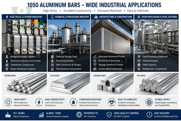 1050 aluminum bars applications in electrical power systems, chemical processing plants, architectural construction, food processing equipment, HVAC systems, and industrial manufacturing