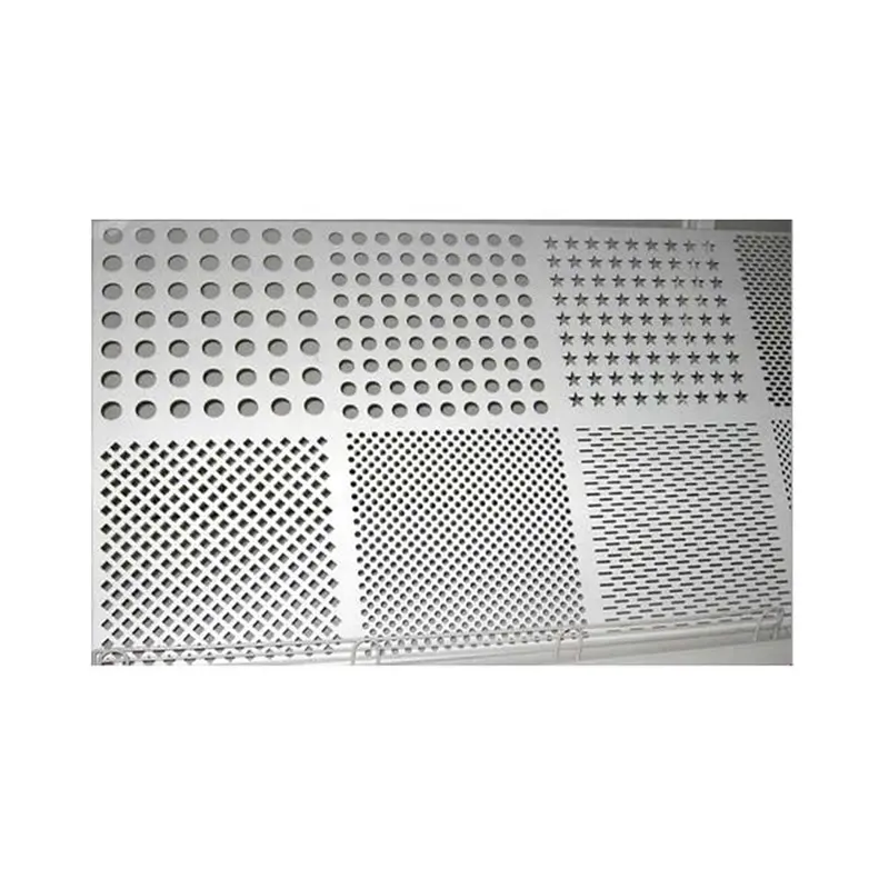 Close-up of round and square hole patterns punched in perforated aluminum sheet