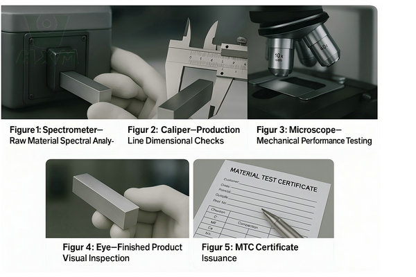 Five-step aluminum square bar quality inspection process including spectrometer analysis, caliper dimensional checks, microscope testing, visual inspection, and MTC certificate issuance.