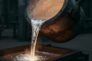 Melting Point of Aluminum, A pot of molten aluminum being poured, showing the high-temperature liquid state and industrial applications of aluminum