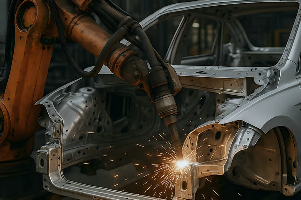 Industrial robots weld aluminum in a car factory, which requires precise temperature control.
