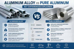 Aluminum alloy vs pure aluminum comparison chart showing differences in strength, corrosion resistance, and applications