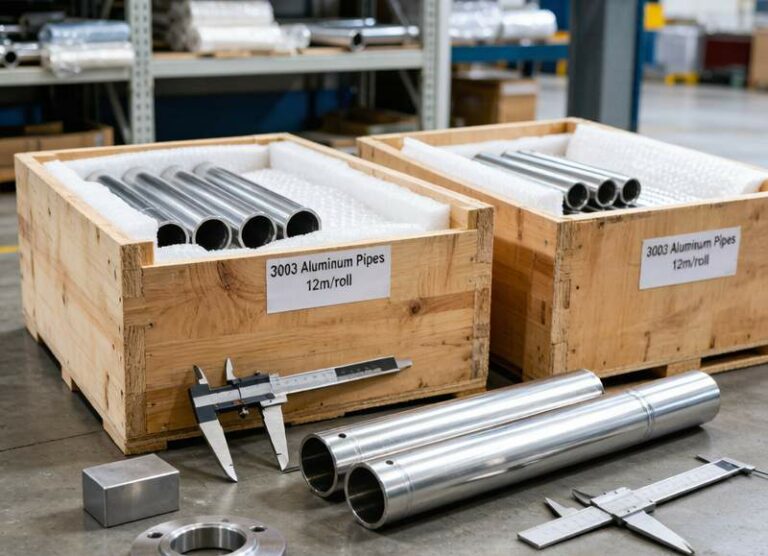 3003 aluminum pipes quality inspection with measuring tools and export packaging in wooden crates