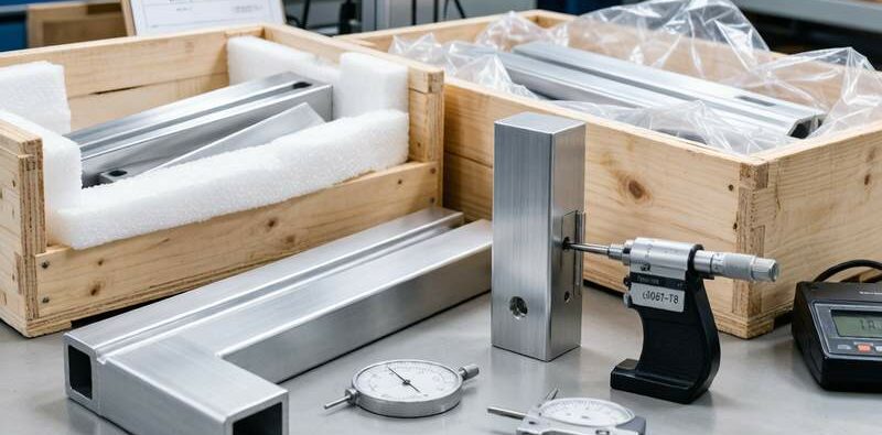 6061 aluminum alloy quality inspection with measuring tools and export packaging in wooden crates