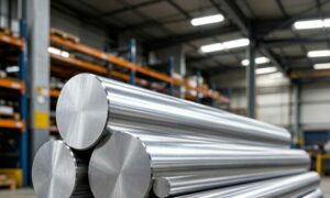 6061 aluminum round bars stacked in warehouse with machined surface