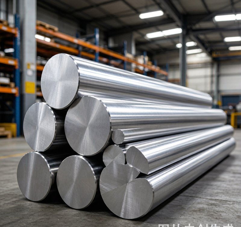 6061 aluminum round bars stacked in warehouse with machined surface
