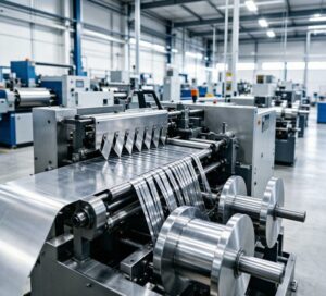 Aluminum strip slitting machine cutting 6061 strips to precision width