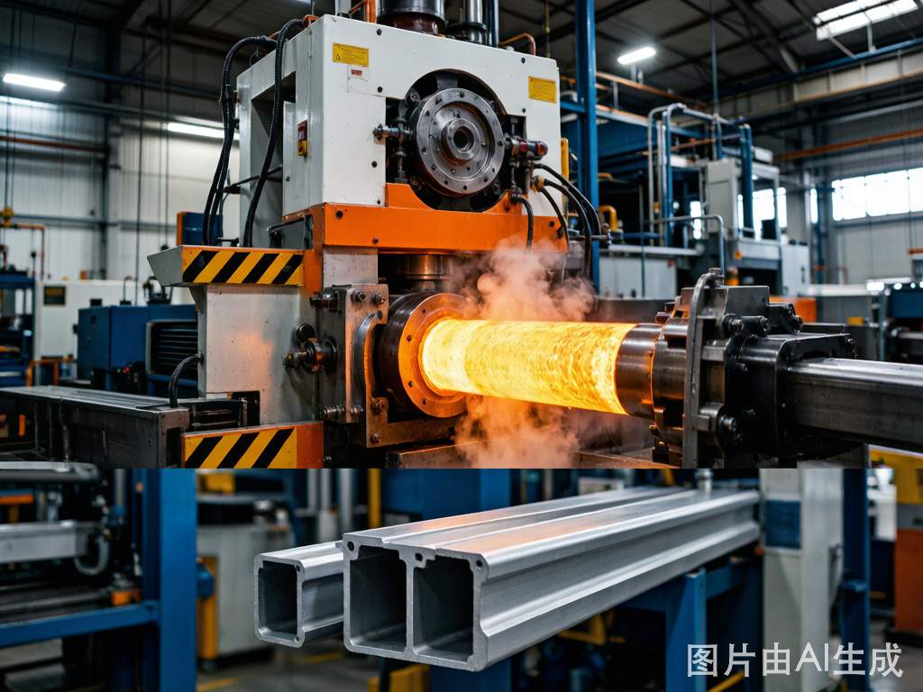 7005 aluminum extrusion manufacturing facility showing extrusion press producing aluminum profiles