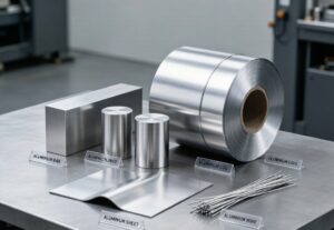 Five forms of 7005 aluminum products: sheet bar tube coil and wire arranged on industrial workbench