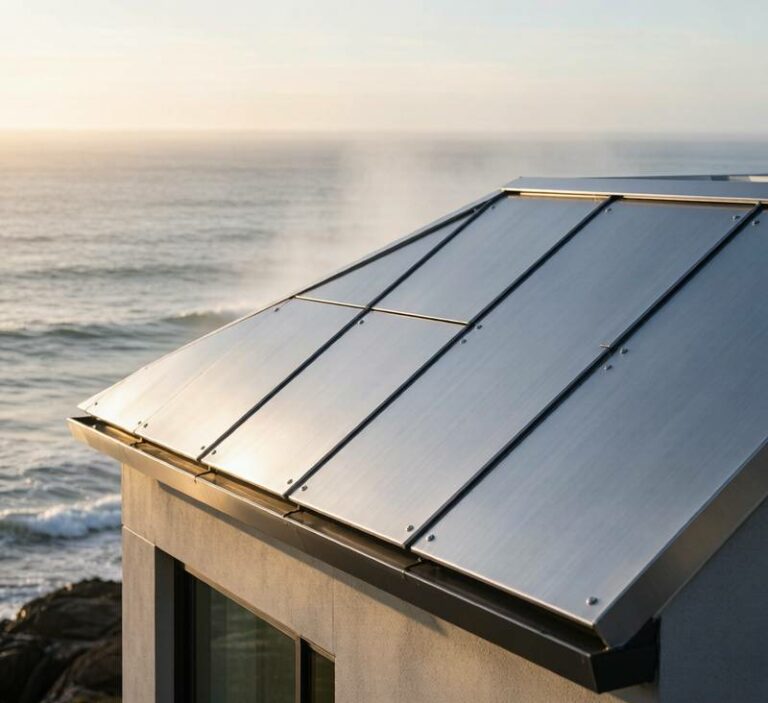 5052-H32 aluminum coastal roofing panels on modern beachfront building showing corrosion resistance
