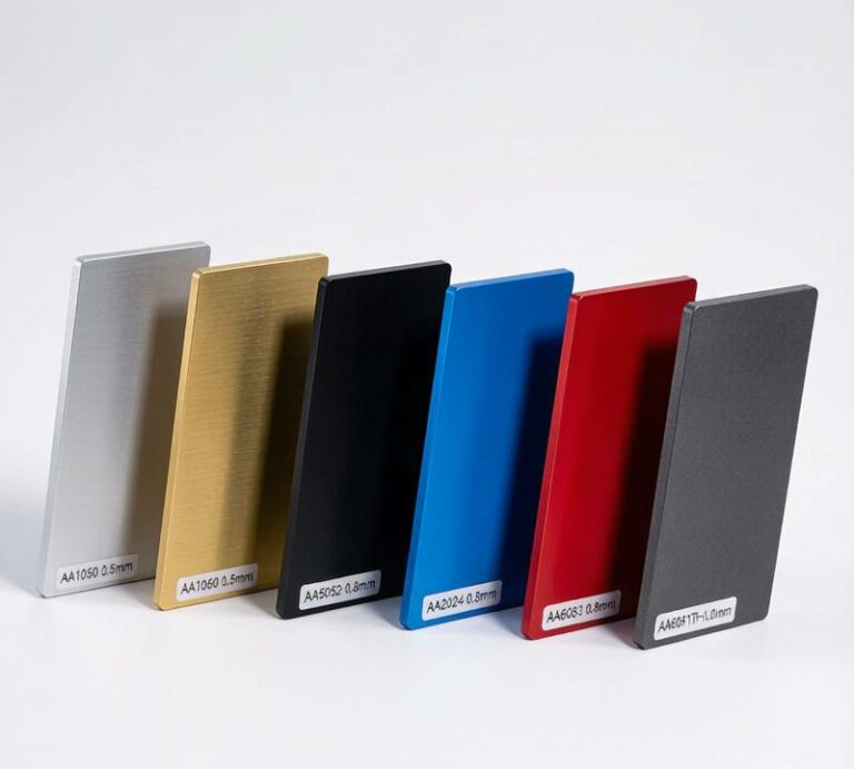 Anodized aluminum samples showing color difference between 6061 and 7075 alloys