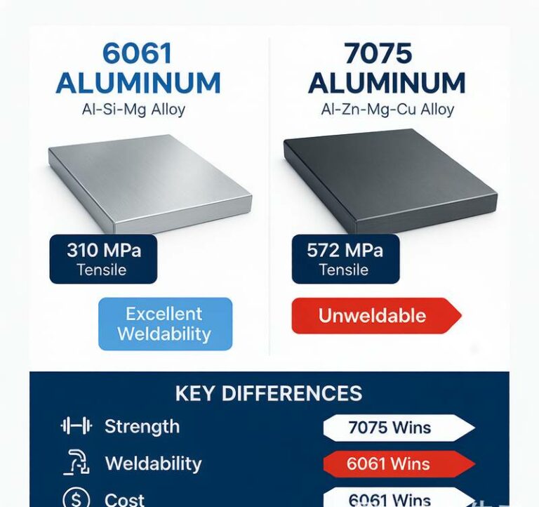6061 vs 7075 aluminum comparison infographic showing strength cost and application differences