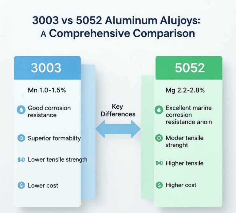 3003 vs 5052 aluminum comparison infographic showing composition strength and application differences