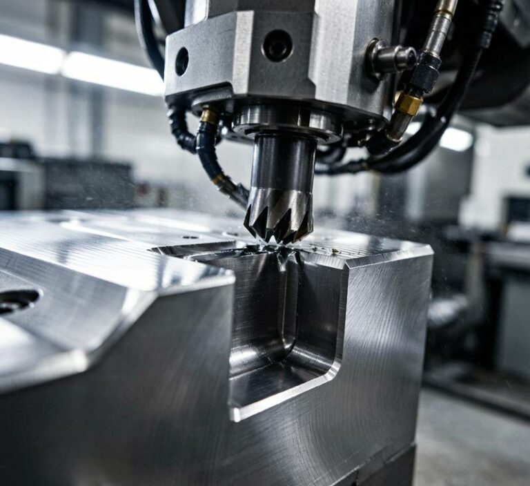 CNC machining close-up on 7075 aluminum aerospace component with precision cutting