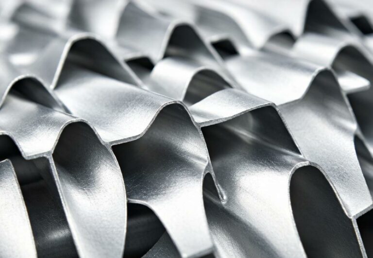 Close-up of 3003 aluminum fin stock with louvered fin pattern for HVAC heat exchangers