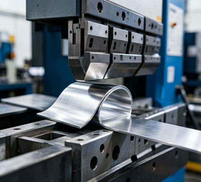 Close-up of press brake bending 3003-H14 aluminum sheet demonstrating superior formability