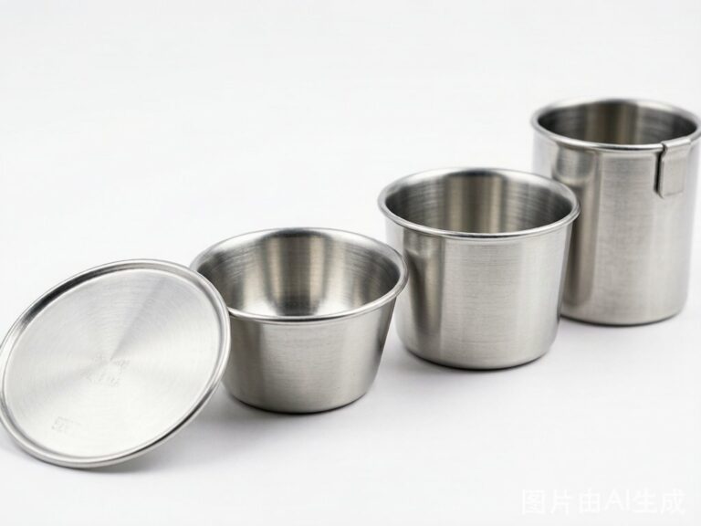 Deep drawn aluminum cups and containers showing progressive drawing stages