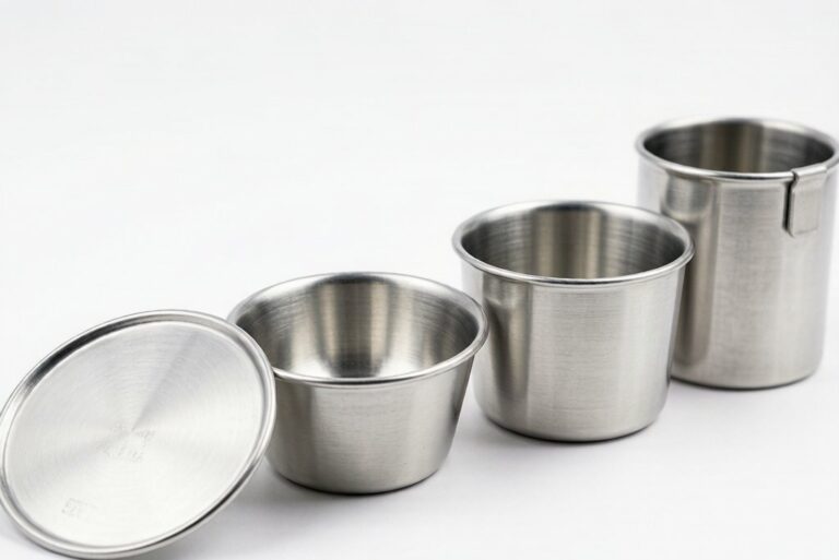 Deep drawn aluminum cups and containers showing progressive drawing stages