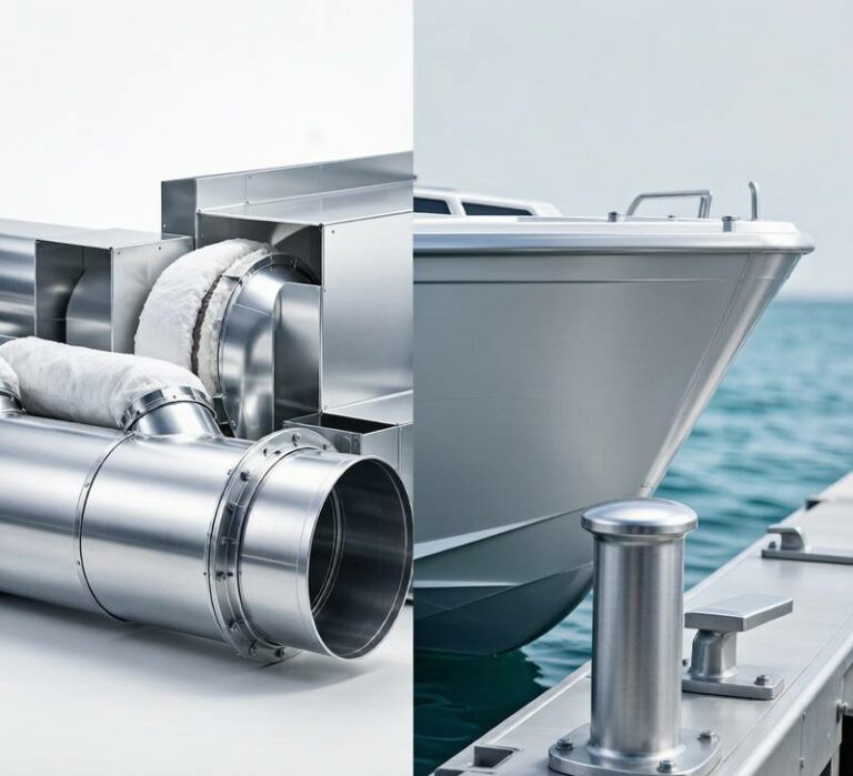 Split view showing HVAC ductwork and marine applications of 3003 and 5052 aluminum