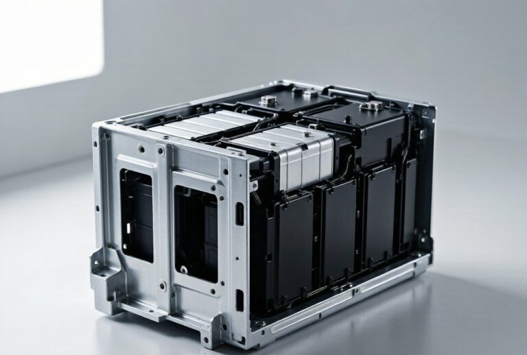 EV battery pack with 3003 aluminum casing showing cell arrangement and thermal management plates