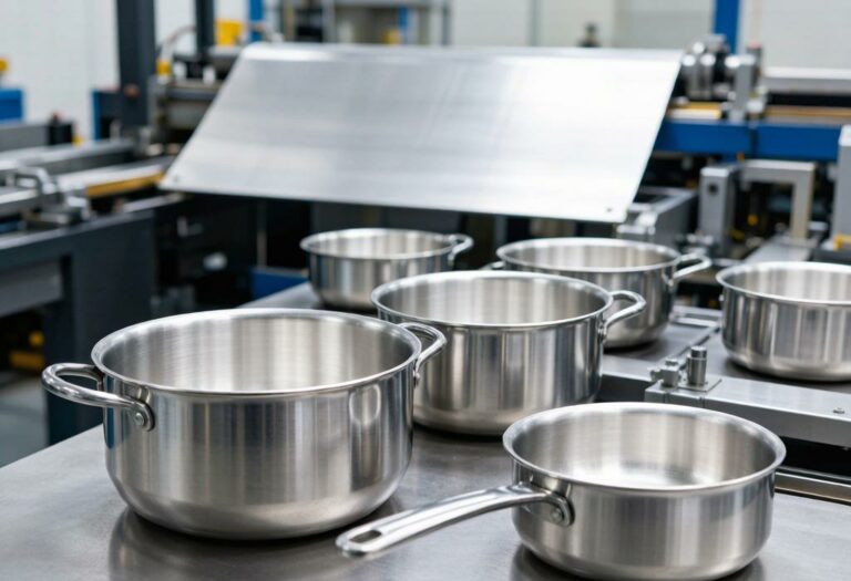 Aluminum cookware manufacturing with deep drawn pots on production line