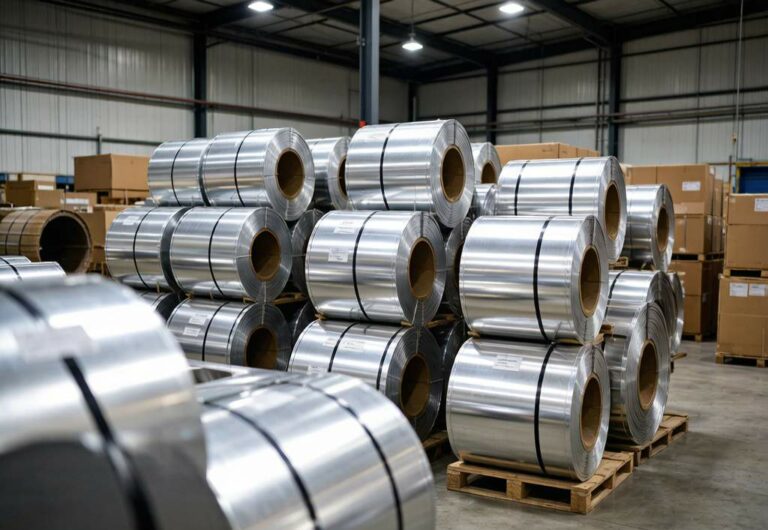 Aluminum coils stacked in warehouse ready for HVAC fin stock manufacturing