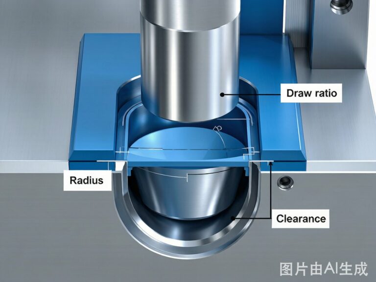 Deep drawing process cross-section diagram showing punch die and blank holder