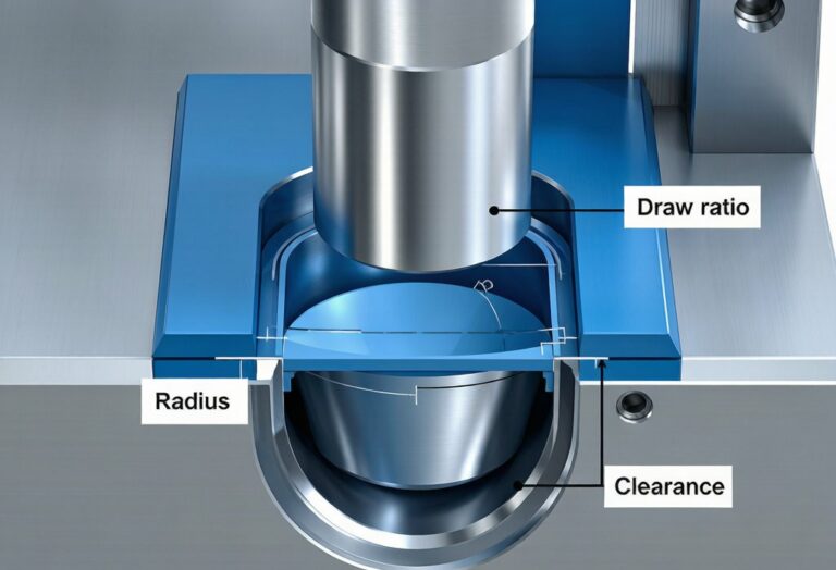 Deep drawing process cross-section diagram showing punch die and blank holder