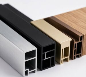 Anodized aluminum extrusion profiles in multiple colors - silver, matte black, champagne gold, bronze and wood grain finishes - HXM Aluminum