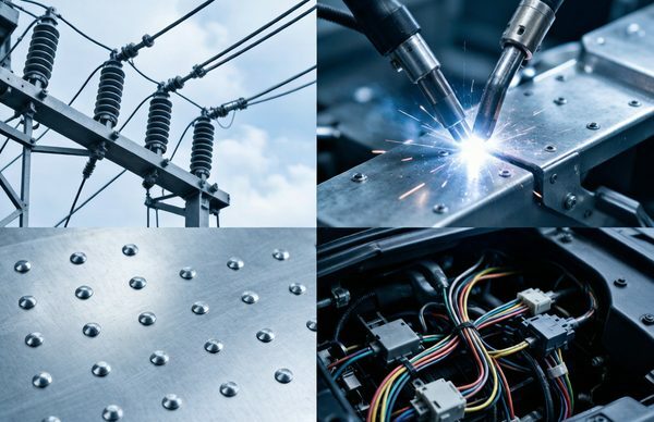 Collage showing aluminum wire applications: electrical cables, welding wire, hooks and fasteners