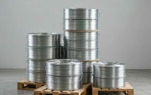 Stacks of aluminum wire spools on wooden pallets inside HXM aluminum factory warehouse