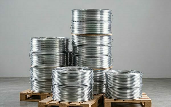 Stacks of aluminum wire spools on wooden pallets inside HXM aluminum factory warehouse