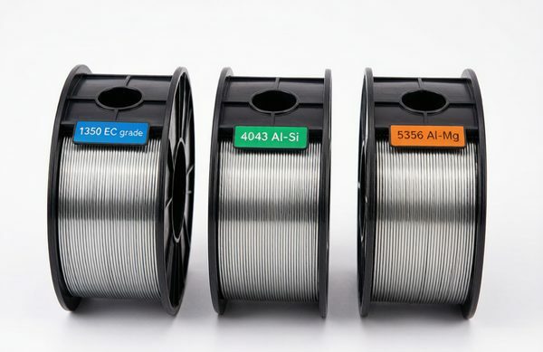 1350, 4043 and 5356 aluminum wire spools side by side for alloy selection comparison