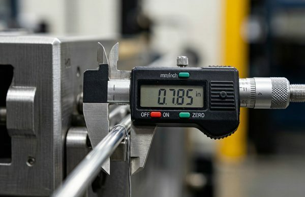 Engineer measuring aluminum wire diameter tolerance with digital caliper in factory
