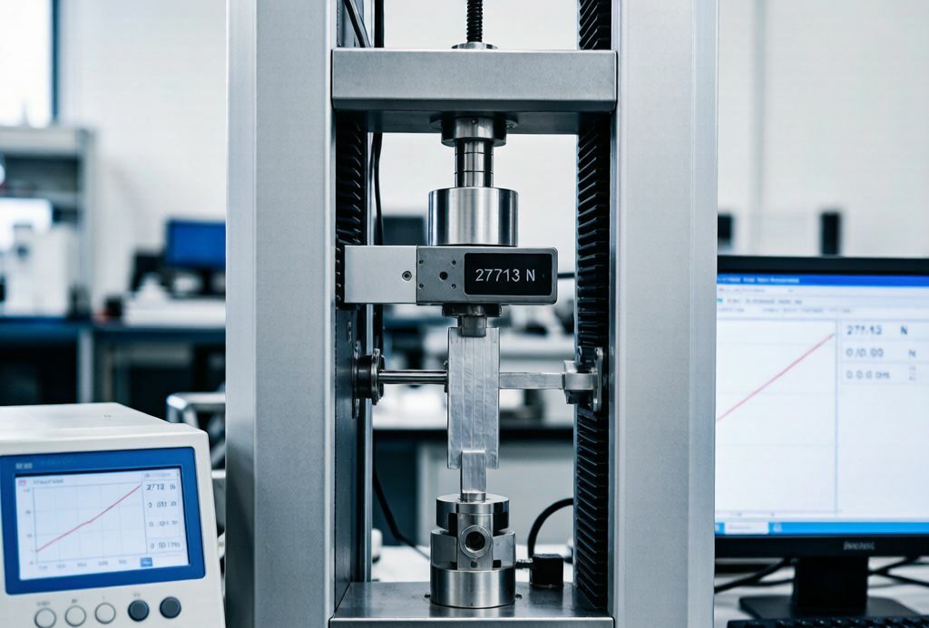 Aluminum tensile strength testing machine comparing 7005 and 7075 alloy samples