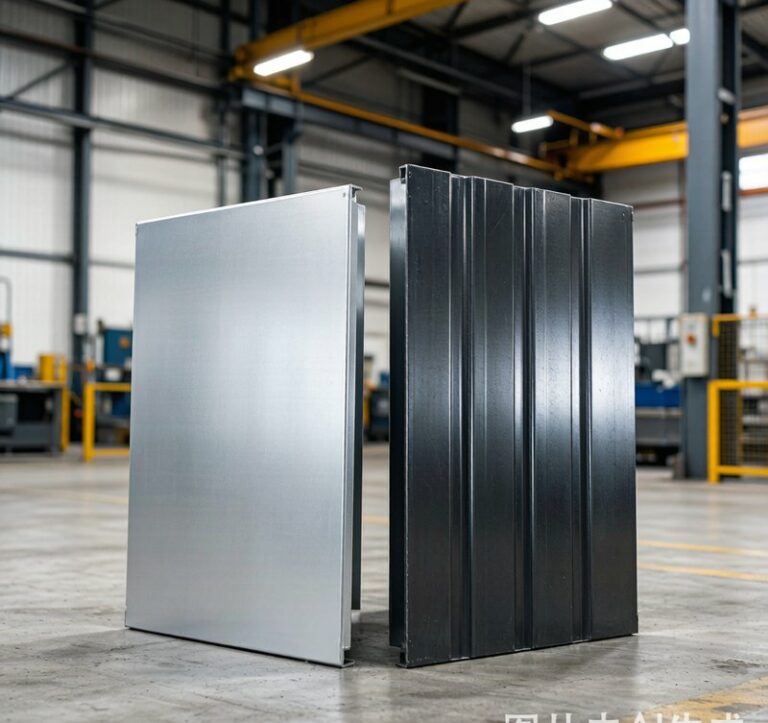 Aluminum and steel metal sheets compared side by side on factory floor
