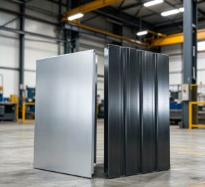 Aluminum and steel metal sheets compared side by side on factory floor