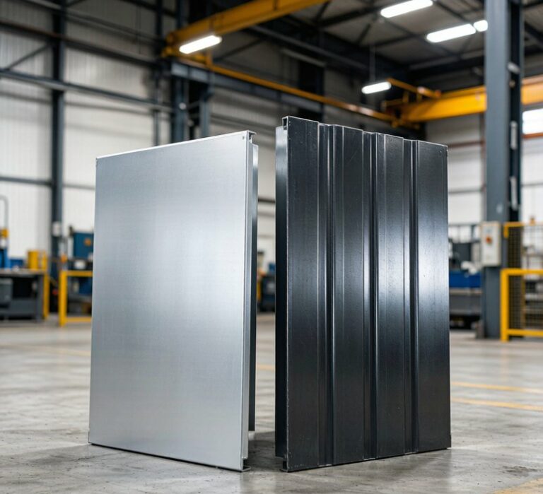 Aluminum and steel metal sheets compared side by side on factory floor