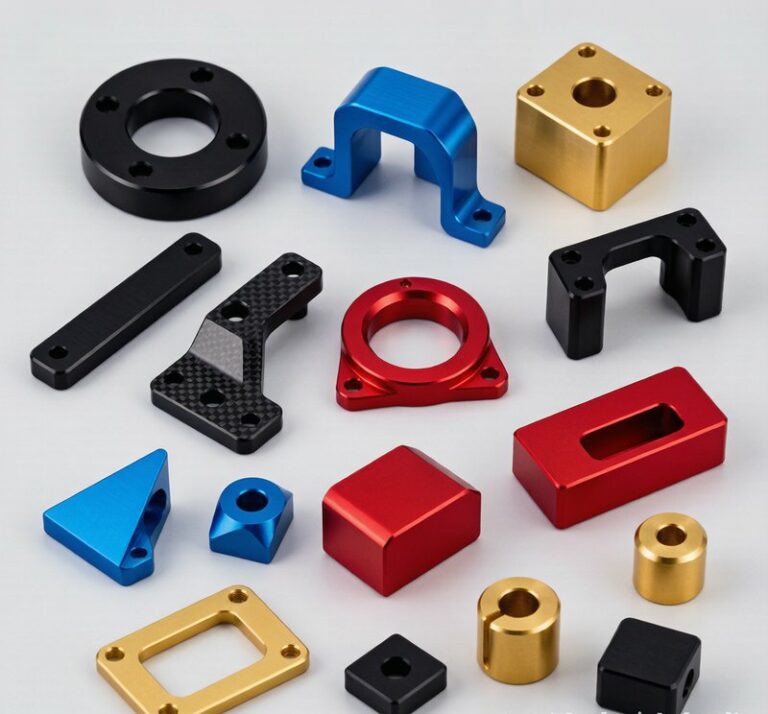 Anodized aluminum parts in various colors including black blue gold red surface finish samples