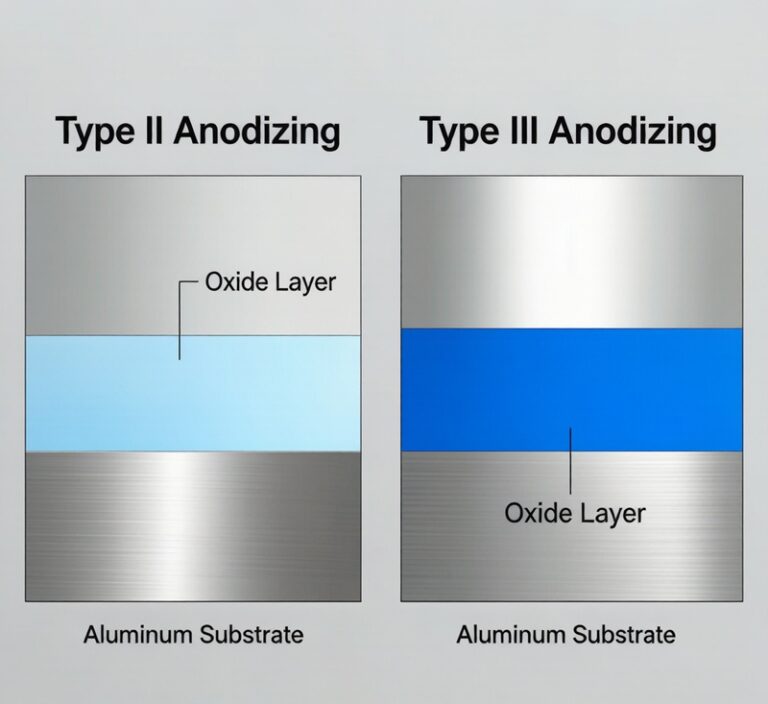 Type II vs Type III anodizing comparison showing cross section oxide layer thickness differences