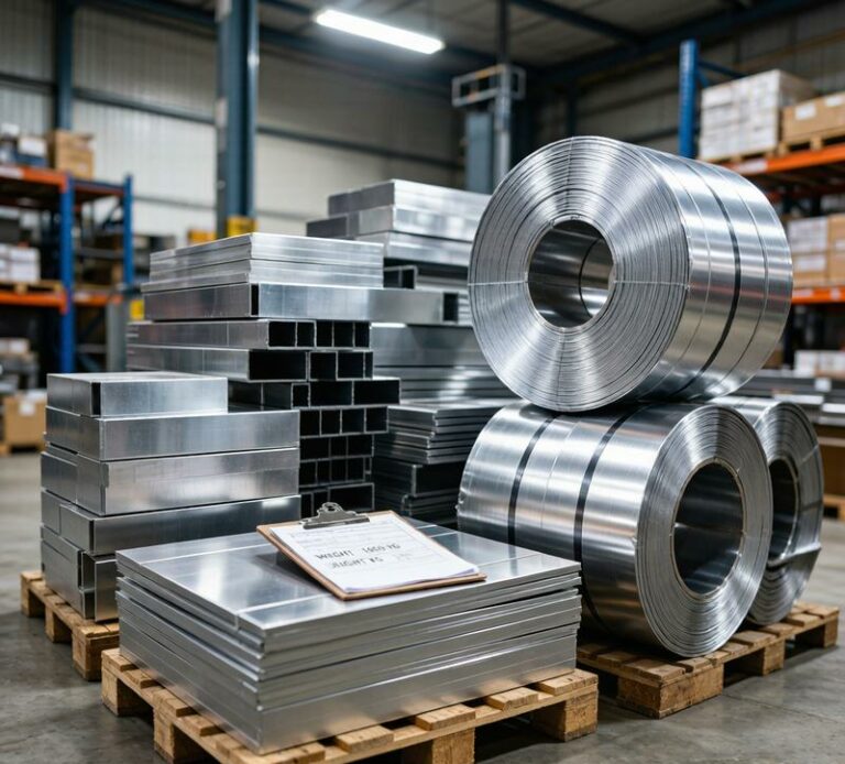 Aluminum sheets plates bars tubes coils stacked in warehouse used for weight calculation