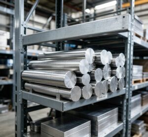 6061-T6 aluminum round bars and flat plates stacked in industrial warehouse