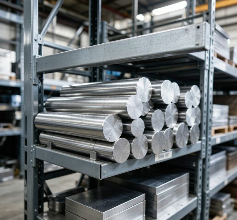 6061-T6 aluminum round bars and flat plates stacked in industrial warehouse