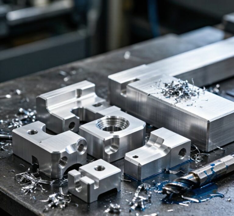 CNC machined 6061-T6 aluminum precision parts on workbench