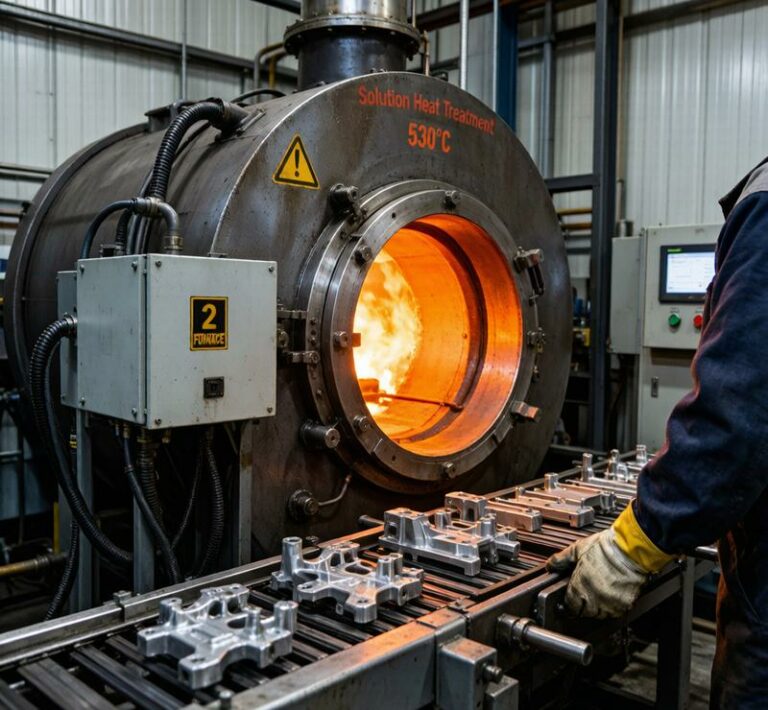 6061-T6 aluminum heat treatment furnace showing solution treatment at 530 degrees Celsius