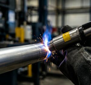 TIG welding aluminum pipe in industrial workshop with professional blue welding arc close-up view