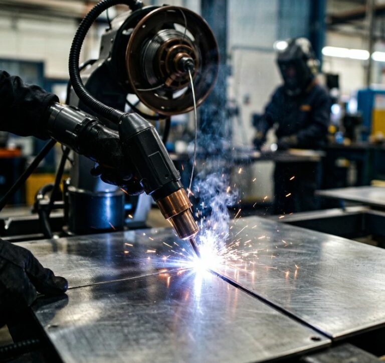 MIG welding aluminum sheet metal with spool gun and automatic wire feed in factory production line
