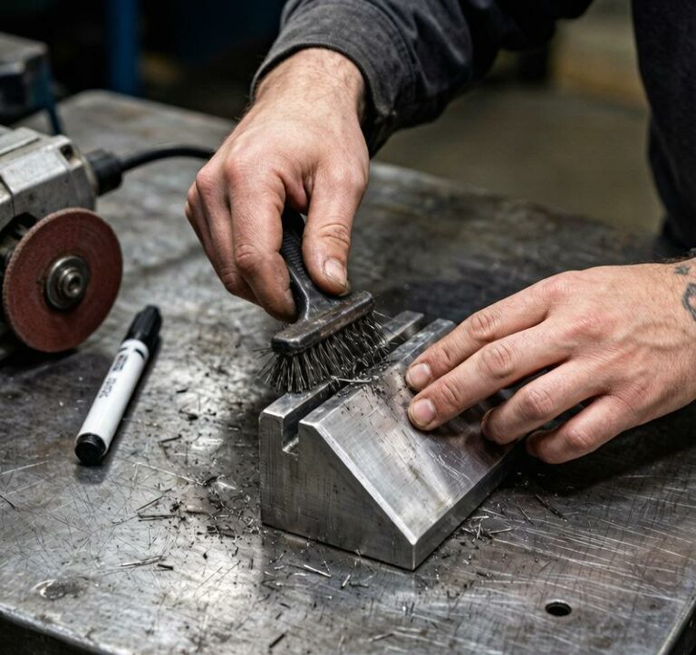 Aluminum welding V-groove joint preparation with beveling and cleaning process before welding operation