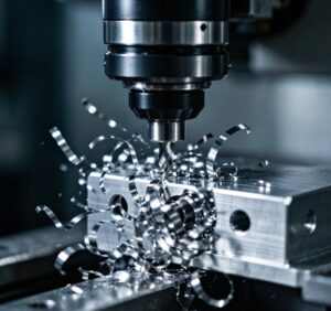 CNC Milling Machine Cutting Aluminum Block with Metal Chips
