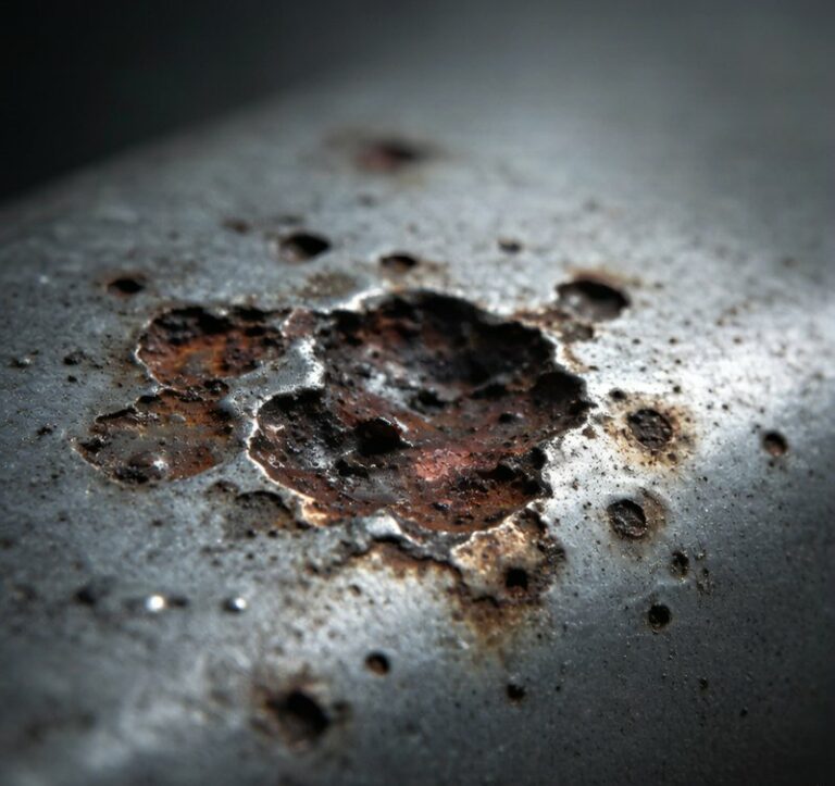 Aluminum Pitting Corrosion Close-up - Surface Damage in Salt Water Chloride Environment